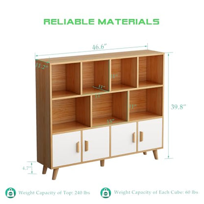 OSCHF Cubby Shelf Bookcase with Doors - Wooden 11 Cube Floor Standing Open Bookshelf with Solid Wood Legs, 3-Tier Storage Cabinet, Oak and Warm White - color: Oak + White