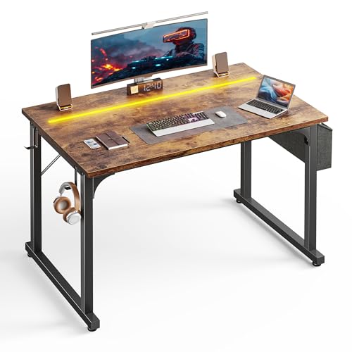 DurayLoly 40" Computer Desk with Waterproof LED Lights,Bedroom Study Desk for Teens,Dorm Room Essentials,Headphone Hook&Storage Bag for Small Spaces,Sturdy Metal Frame,Rustic Brown - color: Brown, size: 40 Inch