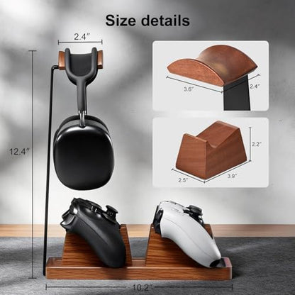 UPERGO Headset Stand with 2 Controller Holders - Solid Wood & Metal Gaming Headphone Holder for Switch, Controllers, and Desk Accessories (Wood) - color: Wood
