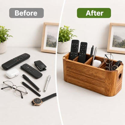 Acacia Wood Remote Control Holder, TV Remote Holder - 4 Compartment Remote Control Storage Organizer, Small Wooden Desktop Caddy for Coffee Table, Nightstand, Living Room, Office, Vanity