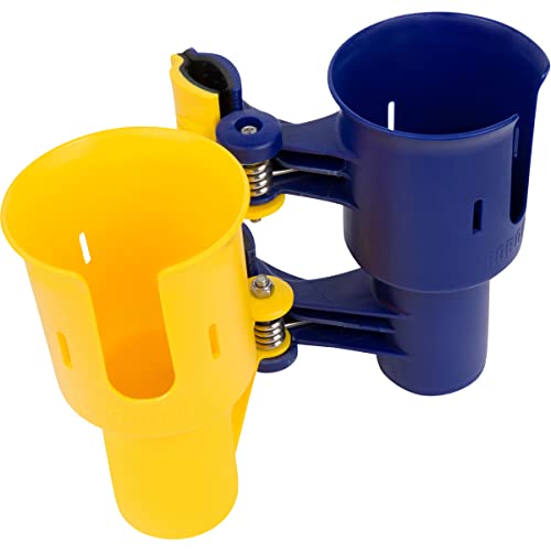 ROBOCUP, (Yellow & Navy), Patented Clamp On Boat Cup Holder |Multifunction Dual Drink Caddy for Fishing Poles, Tools, Net, Gaff |Portable Storage for Boating, Beach, Umbrellas, Golf Carts, Strollers - color: Navy & Yellow, size: Standard Spring