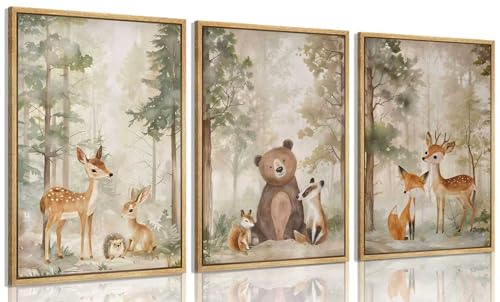 Framed Woodland Animal Nursery Canvas wall art Wild Animals Forest Paintings Pictures Wall Decor Fox Bear Deer Watercolor Poster Print - color: Woodland-framed, size: 16"L x 12"W