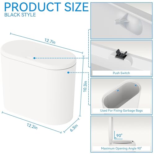 White 12 Liter Rectangular Plastic Small Garbage Can With Lid,2 Pack 3.17 Gallon Slim Bathroom Trash Can with Lid and Dog Proof Garbage Can and Wastebasket,Lidded Trashcan for Bedroom,Rv,Dorm,Office - color: White, style: Pack of 2