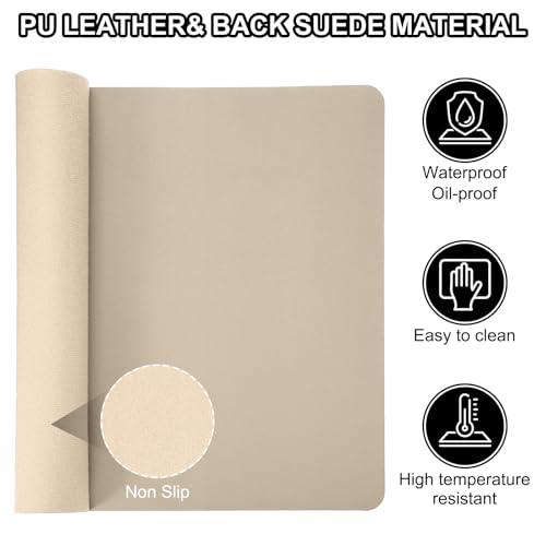 Patikil Desk Mat, 48x17 Pu Leather, Waterproof Non-Slip, Dual Sided for Office/Home, Khaki - color: Khaki, size: 48"x17"