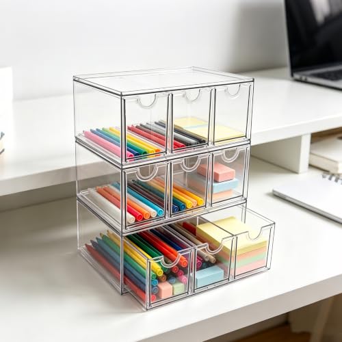 Prsildan Craft Art Supply Organizer Stackable Storage Drawer with 9 Drawers | Clear Acrylic, Tea Bag K Cup Organizer, for Kitchen Office Desk Vanity Makeup Organizer, 3 Pack - style: Style3-9Drawers