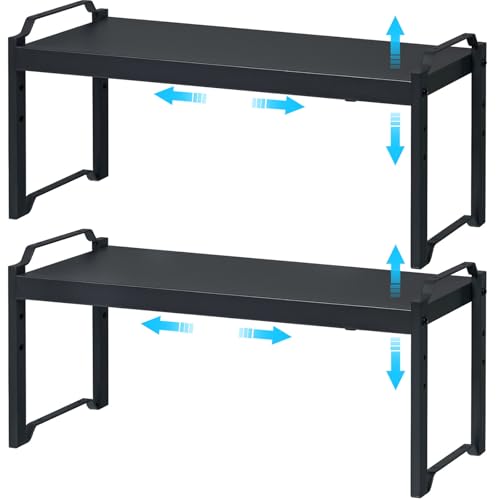 X-cosrack 25.5 Inches 2 Pack Expandable Cabinet Shelves, Stackable Shelf Organizer for Kitchen Cabinet Countertop Storage, Adjustable Counter Cupboard Pantry Organizer Shelf Rack Stand Riser, Black - color: Black, size: 2 Pack: 15.5"-25.5"L