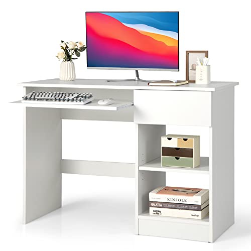 GOFLAME Home Office Desk with Drawer, Wooden Storage Computer Desk with Keyboard Tray & Adjustable Shelves, Executive Table Makeup Vanity Table Desk for Bedroom, Small Space, White