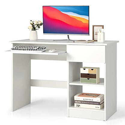 GOFLAME Home Office Desk with Drawer, Wooden Storage Computer Desk with Keyboard Tray & Adjustable Shelves, Executive Table Makeup Vanity Table Desk for Bedroom, Small Space, White