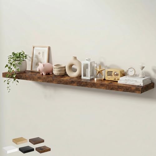 Floating Shelves for Wall 72 in x 9.3 in Deep, Wall Mounted Rustic Wood Shelf with Invisible Brackets for Storage & Display, Living Room Bedroom Bathroom, Brown, 1 Pack - color: Rustic Brown, size: 72 Inch, 1 pack