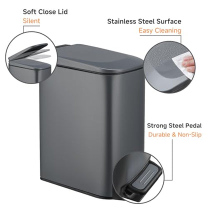 TIPGO Slim Bathroom Trash Can with Lid Soft Close, 6 Liter / 1.6 Gallon Stainless Steel Garbage Can with Removable Inner Bucket, Step Pedal, Small Trash Cans for Bedroom, Office, Kitchen (Grey) - color: Grey