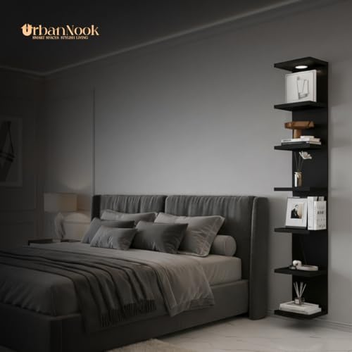 7 Tier Wall Shelf Unit,Black Lack Wall Shelf,Display Floating Shelf with LED Remote Control Light - color: Black
