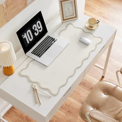 Beige Scalloped Desk Mat, 31.5" x 15.7", PU Leather, Waterproof Anti-Slip, Cute Aesthetic Desk Pad for Office/Home/Game - color: Beige