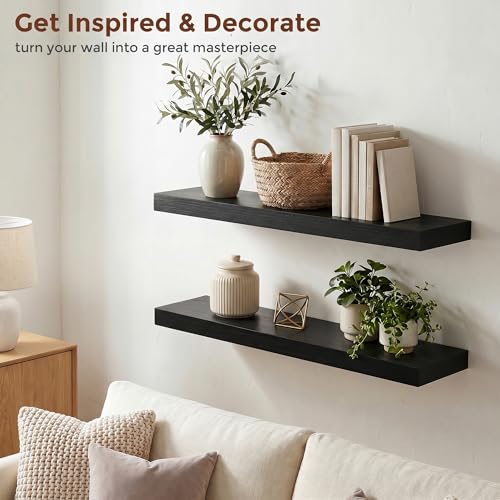 fuqing 24" x 6.7" x 1.4" Black Floating Shelves Set of 2, Rustic Black Wood Shelves for Living Room Bathroom, Hardware Included, 40 Lbs, Invisible Brackets - color: Black, size: 24 Inch-UP