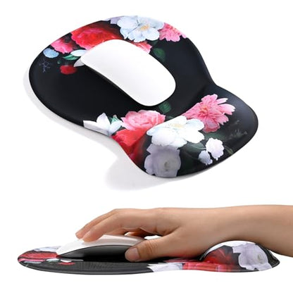 EooCoo Ergonomic Mouse Pad with Gel Wrist Rest Support Middle Concave Design, Relieve Wrist Pain Mousepad, Non-Slip Base for Laptop, Computer, Office Desk Accessories, Carpal Tunnel Syndrome - color: Black Flower