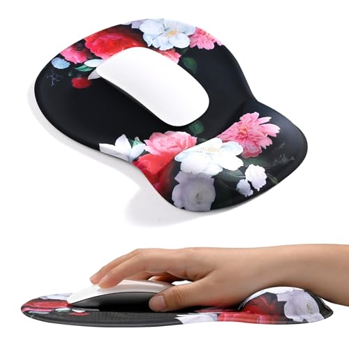 EooCoo Ergonomic Mouse Pad with Gel Wrist Rest Support Middle Concave Design, Relieve Wrist Pain Mousepad, Non-Slip Base for Laptop, Computer, Office Desk Accessories, Carpal Tunnel Syndrome - color: Black Flower