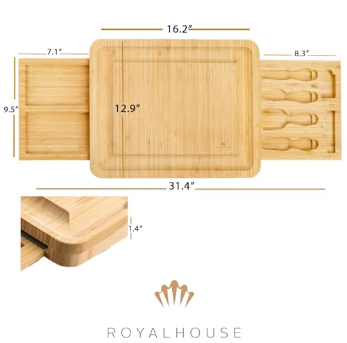 RoyalHouse Unique Bamboo Cheese Board & Knife Set with 2 Slide-Out Cutlery Drawers - Charcuterie Boards Set - Gifts for Women Birthday, Wedding Couples 2025, Bridal Shower - style: Large Cheese Board Set