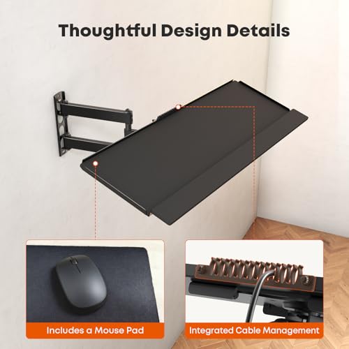 PUTORSEN Wall Mount Keyboard Tray with Adjustable Arm - Ergonomic Swivel & Tilt, Universal Keyboard and Mouse Tray for Home Office, Gaming & Streaming, 7.6"x25.8" Platform, Holds up to 19.8 lbs