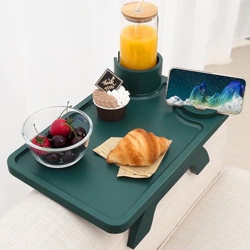 Nnewvante Couch Arm Table,3 in 1 Large 15.36"x9.85" Bamboo Sofa Arm Clip on TV Tray Table with 360°Rotated Phone/Cup Holder, Dark Green - color: Darkgreen