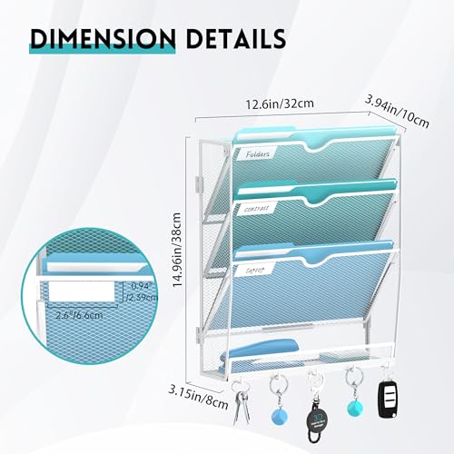 Wall File Organizer - Hanging File Organizer with 5 Hooks, Mail Holder Wall Mounted for Papers, Folders, Magazines, Bills, 4 Tier Office&School Organization, White - color: White, size: 4 Tier