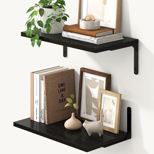 Fun Memories Deep Floating Shelves, 16W x 8D Floating Shelves Set of 2, Wall Mounted Shelf with Metal Brackets, Rustic Wood Wall Shelf for Bathroom, Kitchen and Living Room, Black - color: Black- L Bracket, size: 16"w x 8"d