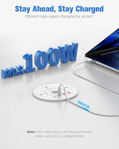 Desktop Power Grommet with 100W USB C, Double-Side Recessed Charging Station Plug in 5AC Outlets & 4 USB Ports, 4-Inch Hole Furniture Flush Mount for Countertop White - color: White