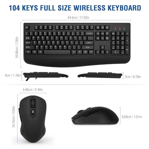 Wireless Keyboard and Mouse Combo, EDJO 2.4G Full-Sized Ergonomic Computer Keyboard with Wrist Rest and 3 Level DPI Adjustable Wireless Mouse for Windows, Mac OS Desktop/Laptop/PC - color: Black
