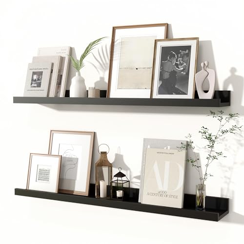 Fun Memories Picture Ledge Shelves Set of 2, 32 Inch Rustic Wall Mounted Floating Shelves with Lip for Home Storage and Décor in Bathroom, Kitchen, Nursery, Bedroom, Living Room, Black - color: Black, size: 32 inch, Set of 2