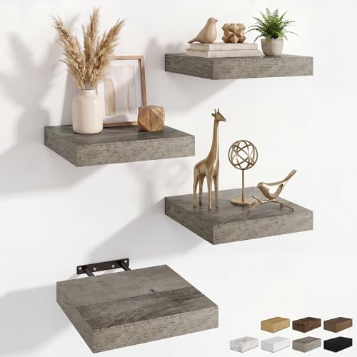 RICHFOCUS 8 Inch Floating Shelves for Wall Small Square Shelves Set for Bedroom|Kitchen|Bathroom|Laundry Room Rustic Wood Wall Mounted Shelf with Invisible Brackets for Books|Storage|Decor, Grey - color: Grey, size: 8"L x 8"D, Set of 4