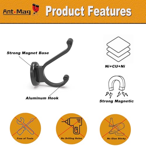 Ant Mag Magnetic Hooks Heavy Duty 140lbs Neodymium Magnet Metal Wall Hooks for Hanging Coats Robes Backpacks Bags Hats Keys Mugs Cups Towels 8 Pack - size: D1.65in Style1 8 Pack