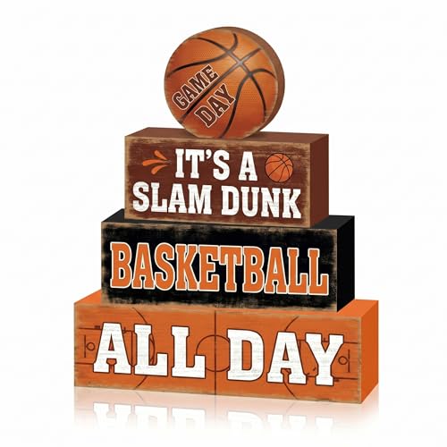 4 Pcs Sporty Basketball Tiered Tray Decor Rustic Basketball Wooden Signs Game Day Shelf Sitters Vintage Sports Theme Table Centerpiece For Boys Room Party Decorations - style: Basketball