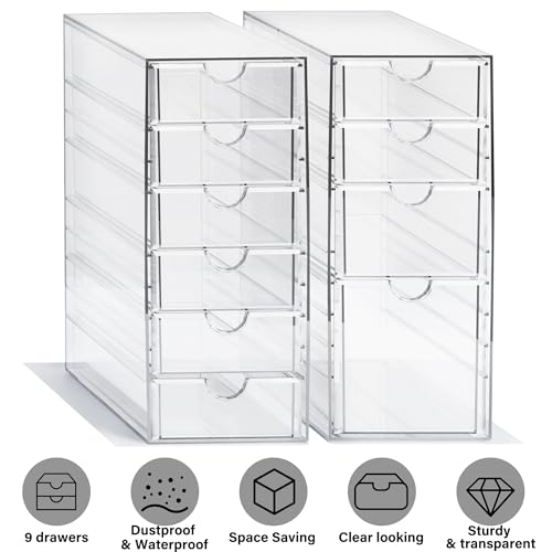 Prsildan Hair Accessories Organizer Acrylic Drawer with 10 Drawers | Clear, Craft Art Supply Storage, For Office Desk Bathroom Vanity Countertop, Set of 2 - style: 10 Drawers