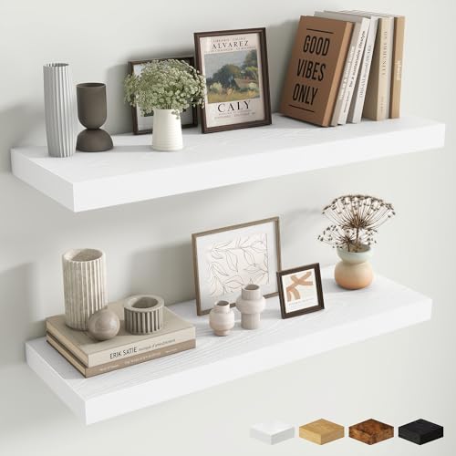 Fun Memories Floating Shelves for Wall, 30 Inch Long Floating Shelves Set of 2, 30 x 10 Wooden Shelves for Wall, Large Storage Shelves, Hanging Shelves for Bathroom Kitchen Bedroom, White - color: Modern White, size: 30W x 10D x 1.5H