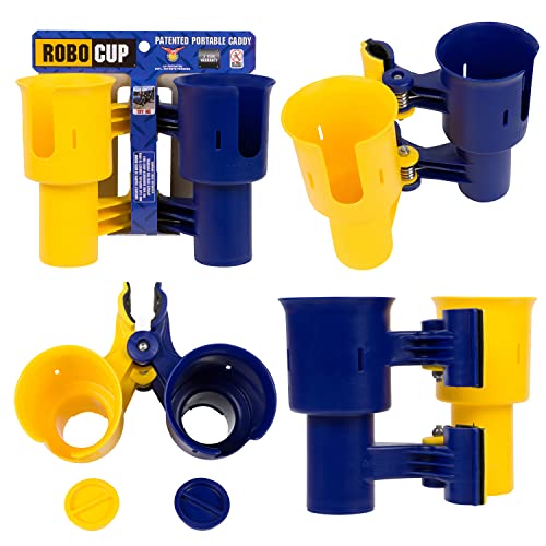 ROBOCUP, (Yellow & Navy), Patented Clamp On Boat Cup Holder |Multifunction Dual Drink Caddy for Fishing Poles, Tools, Net, Gaff |Portable Storage for Boating, Beach, Umbrellas, Golf Carts, Strollers - color: Navy & Yellow, size: Standard Spring