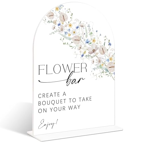 Flower Bar Sign Arch Acrylic Wedding Sign, Wild Flower Bridal Shower Decorations, 6x8" Boho Floral Table Signs for Wedding Reception Bachelorette Engagement Party Supplies - color: Flower Bar