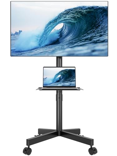 BONTEC Mobile TV Stand for 23-65 Inch TVs, Rolling TV Stand with Locking Wheels, Adjustable Height, Media Shelf, Outdoor TV Stand Max VESA 400x400mm, Holds Up to 88lbs - color: Black, size: 23-65 Inch