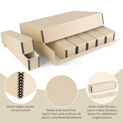 Golden State Art, Archival Slide Storage Box, Tan, 15.5"x11.5"x3" | Acid-Free Metal Edge Organizer With 6 Inner File Cases, Holds Up to 840 Films, For Storing Photos and Negatives - size: 15.5" x 11.5" x 3"
