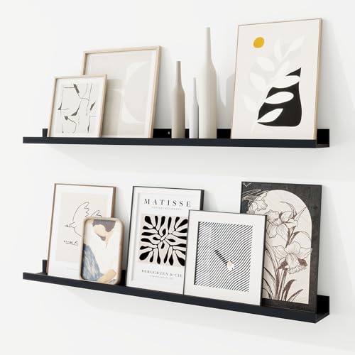RICHFOCUS Picture Ledge Shelf, 36 inch Floating Shelves Set of 2, Wood Wall Shelves with Lip, Wall Decor Storage for Bedroom Living Room Bathroom Kitchen Nursery Photo Picture, Black - color: Black, size: 36 Inch, set of 2