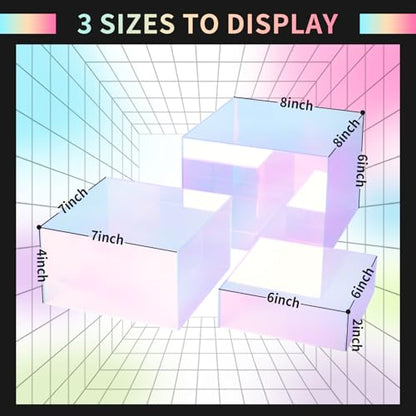 3Pcs Iridescent Risers Display Stands,Stackable Acrylic Cubes | Clear Display Box Nesting Rainbow Showcase for Collectibles Figures Jewelry Perfume Handbag Dessert, Neon Food Buffet Riser - color: Iridescent-3pcs