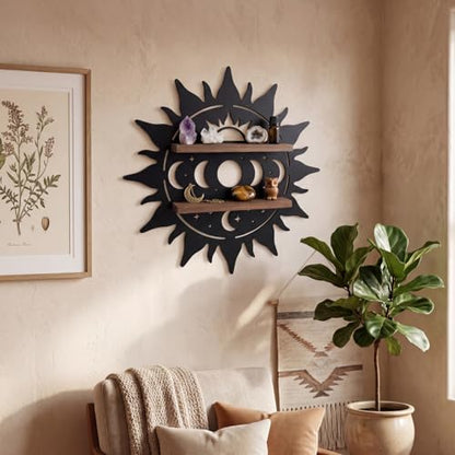 Moxweyeni Crystal Display Shelf for Wall, 11.8 Inch Sun Shape Floating Wooden Shelf with Iron Backing, Boho Wall Hanging Decor Organizer for Crystals, Stones, Gems, Home - style: Sun