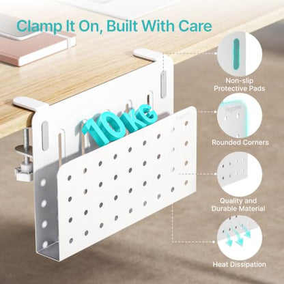 PEGZONE Desk Side Storage Organizer, No Drill Under Desk Laptop Holder, Clamp on Desks Shelf with Pegboard Accessories, Hanging Laptop Mount, Fits Flat Edge 0.4" to 2.2", White - color: White