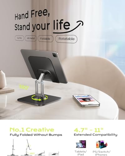 LISEN for iPad Stand Holder [All-Metal Foldable] Adjustable Tablet Stand for Desk, 2026 iPad Accessories Rotating Display Stand Office Men Gifts Kindle Tablet PS Switch iPhone 11"-4.7" - color: Black