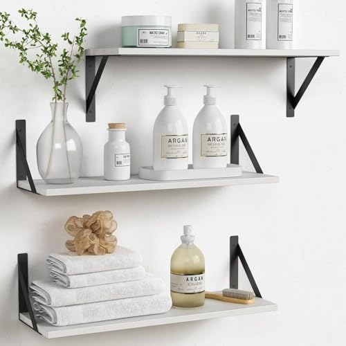 White Floating Shelves 24 inches Long Set of 3, 24 x 8 Inch Bathroom Wall Shelves Over Toilet for Towels, Modern Wood Mounted Storage Shelf for Bedroom Living Laundry Room Kitchen Office Closet - color: White, size: 24 x 8 Inch