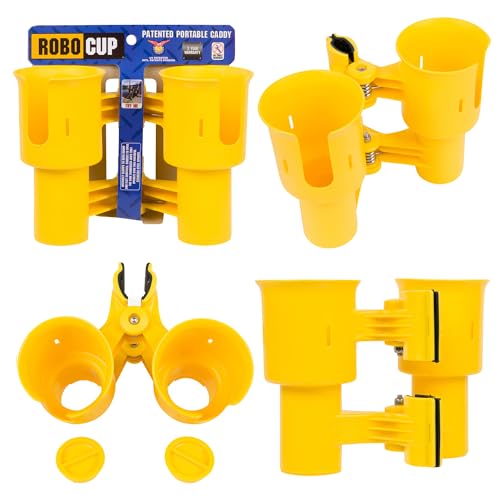ROBOCUP, (Yellow), Patented Clamp On Boat Cup Holder |Multifunction Dual Drink Caddy for Fishing Poles, Tools, Net, Gaff |Portable Storage for Boating, Beach, Umbrellas, Golf Carts, Strollers - color: Yellow, size: Standard Spring