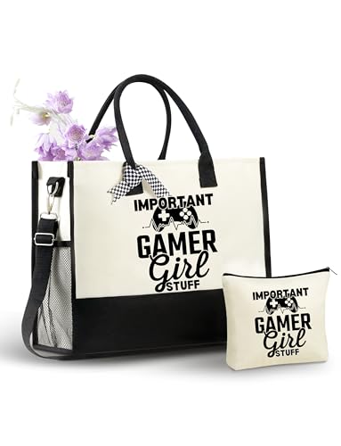 InnoBeta Gamer Gifts for Women & Gamer Girls, Canvas Tote Bag on Christmas or Birthday, Tote with Top Zipper Closure and Shoulder Strap