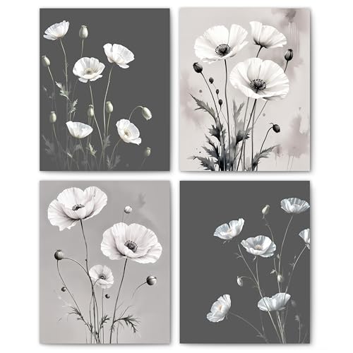 FITIE Gray and Black White Floral Wall Art Posters Set of 4, Floral Room Home Decor, Natural Matted Cottagecore Flower Botanical Canvas Prints Artwork Wall Decor, 8x10 Unframed - color: Home Wall Art 09