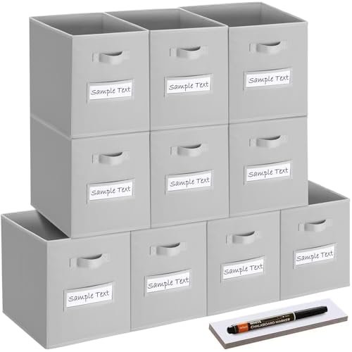 13x13 storage cube bins (Set of 10) Foldable Fabric storage cubes with 10 Labels Window Cards & a Pen,13 inch cube storage bins,Closet Organizers for Shelves,Cubby Organizer Boxes,Light Gray - color: Light Grey, size: 13"