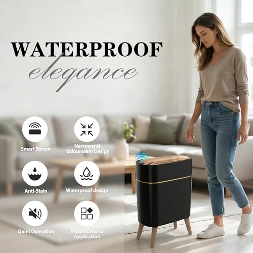 suyika Automatic Trash Can, 2.6 Gallon/10L Bathroom Trash Can with Lid - Wood Grain Lid and Legs, Touchless Waterproof Garbage Bin for Bedroom, Bathroom, Office, Living Room - color: Black