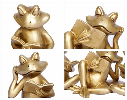 Gold Frog Figurines Set of 3 Funny Frog Gifts for Women Cute Reading Sculptures Stuff Golden Animal Statue for Book Lovers Home Decor Office Shelves Desk Living Room Table Bookshelf Literary Ornaments