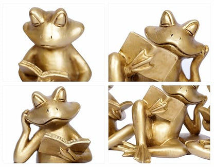 Gold Frog Figurines Set of 3 Funny Frog Gifts for Women Cute Reading Sculptures Stuff Golden Animal Statue for Book Lovers Home Decor Office Shelves Desk Living Room Table Bookshelf Literary Ornaments
