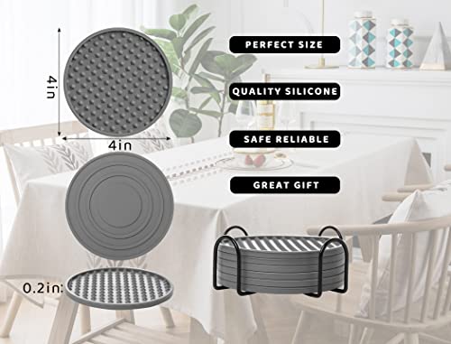 Coasters for Drinks 6 Pack Drinking Coasters with Holder,Heat Resistant Silicone Cup Mat Tabletop Protection,Non-Slip Rubber Coaster for Kinds of Cups (Grey) - color: Grey-metal Holder